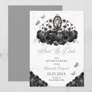 Black & Silver Tiara Save The Date Quinceañera Invitation