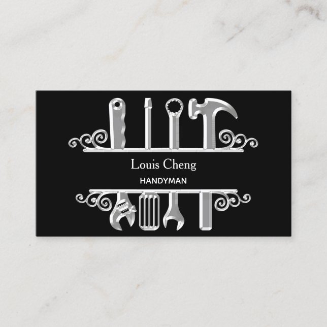 Black silver tools home repairs contractor business card (Front)