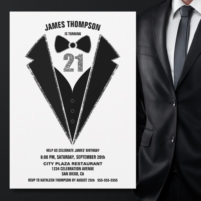 Black Silver Tuxedo 21st Birthday Party Invitation (Creator Uploaded)