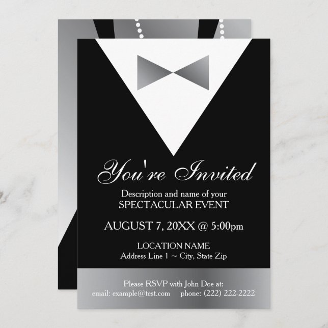 Black & Silver Tuxedo Invitations | Modern Formal (Front/Back)