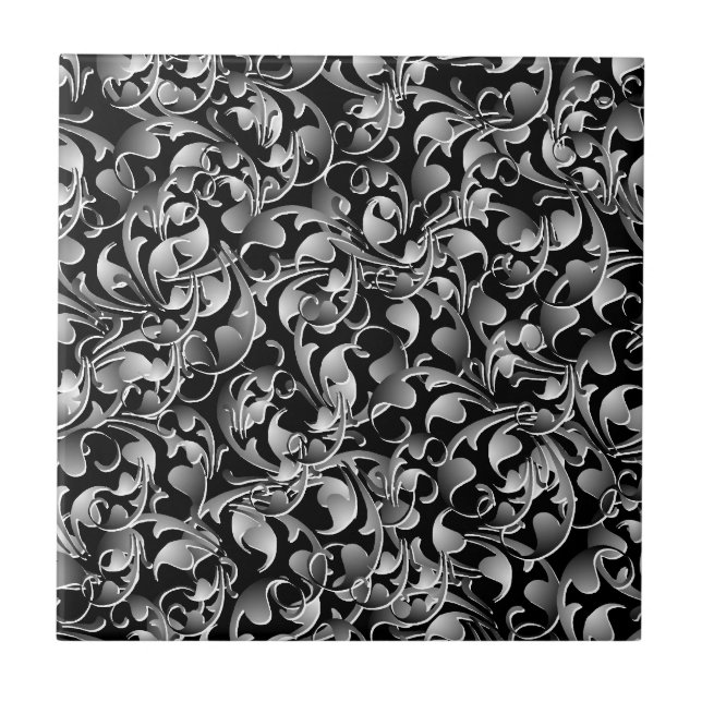 Black & Silver Twining Leaves Tile (Front)