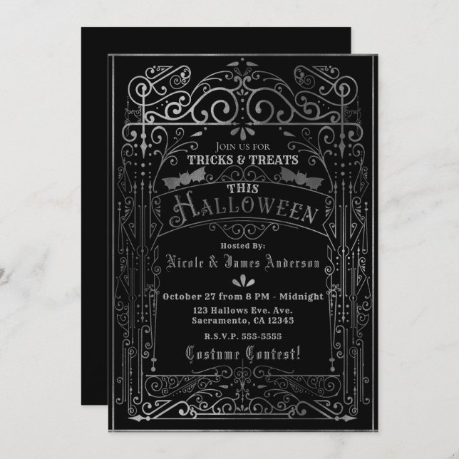 Black & Silver Vintage Victorian Deco Halloween Invitation (Front/Back)