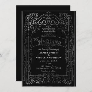 Black & Silver Vintage Victorian Deco Wedding Invitation