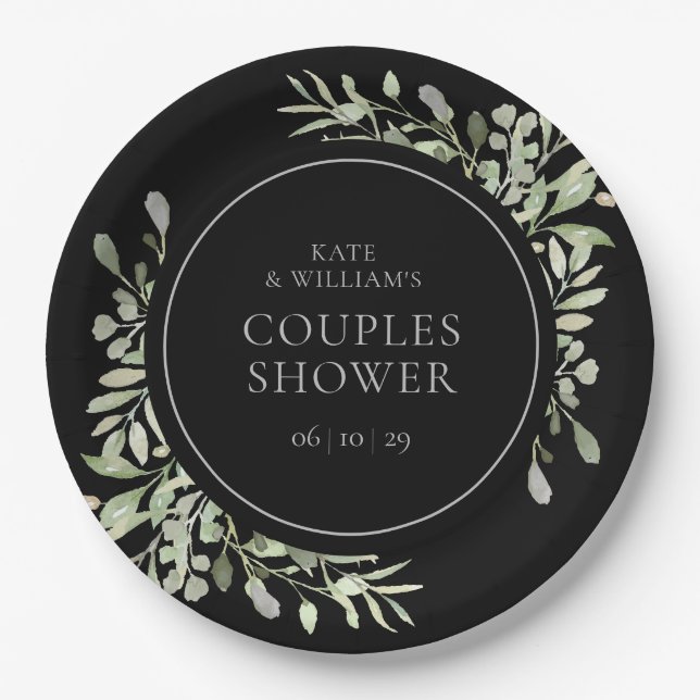 Black Silver Watercolour Greenery Couples Shower Paper Plate (Front)