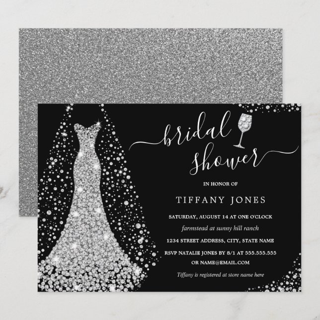Black Silver Wedding Dress Sparkle Bridal Shower Invitation (Front/Back)