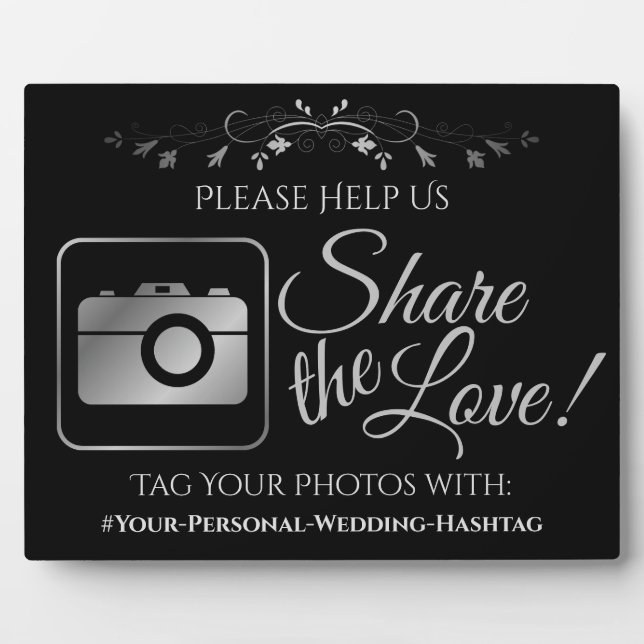 Black & Silver Wedding Photo Share Hashtag Sign Plaque (Front)