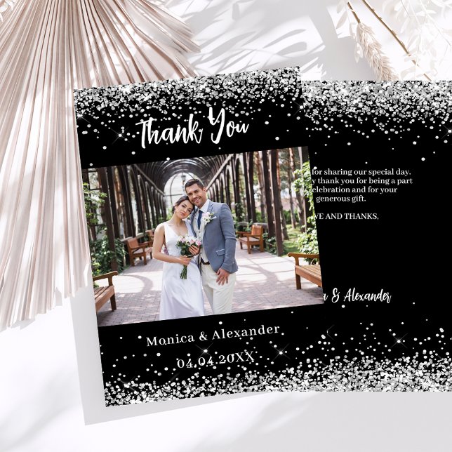 Black silver wedding photo thank you card (Creator Uploaded)