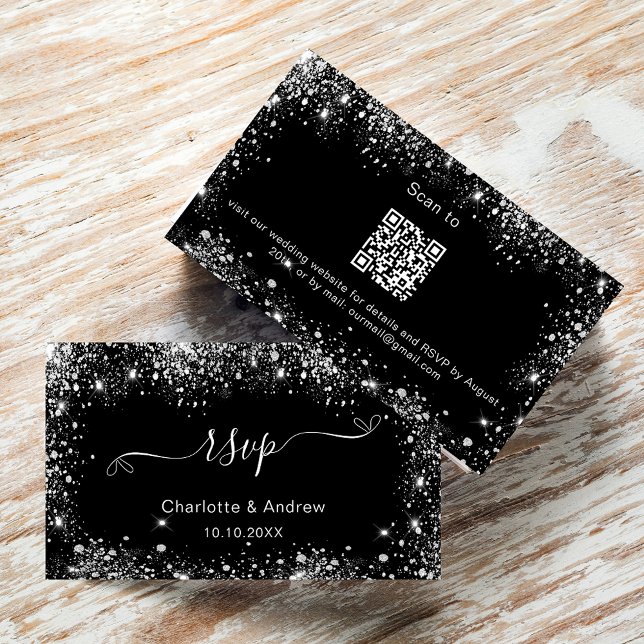 Black silver wedding website RSVP QR code Enclosure Card (Creator Uploaded)