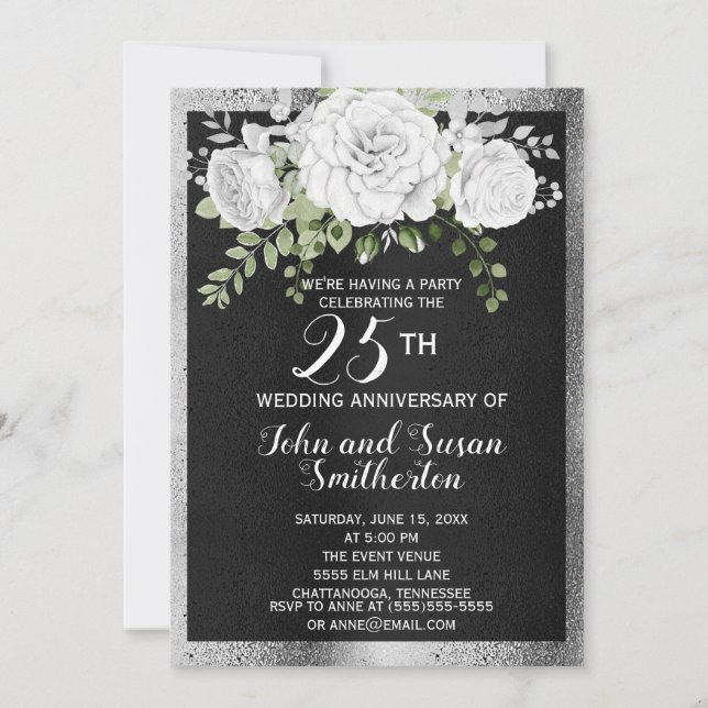 Black Silver White Floral 25th Wedding Anniversary Invitation (Front)
