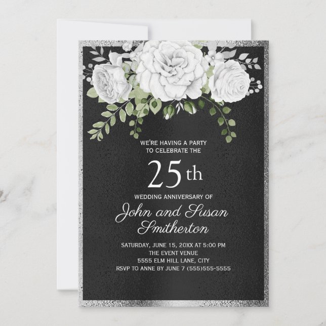 Black Silver White Floral 25th Wedding Anniversary Invitation (Front)