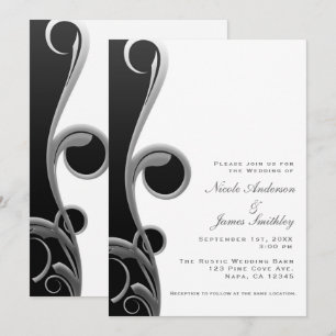 Black Silver White Glam Elegant Swirl Wedding Invitation