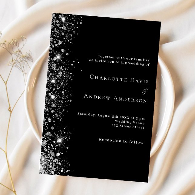Black silver white glitter luxury wedding invitation (Creator Uploaded)