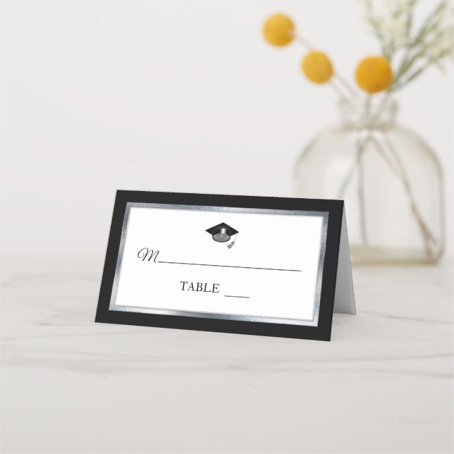 Black | Silver | White Grad Cap Place Cards (Front)
