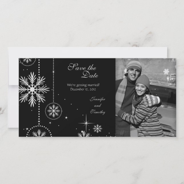 Black silver winter wedding save the date photo (Front)