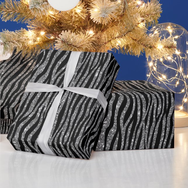 Black Silver Zebra Print Glitter    Wrapping Paper (Holidays)