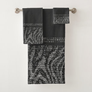 Black Silver Zebra Wild Animal Print Exotic Glam Bath Towel Set