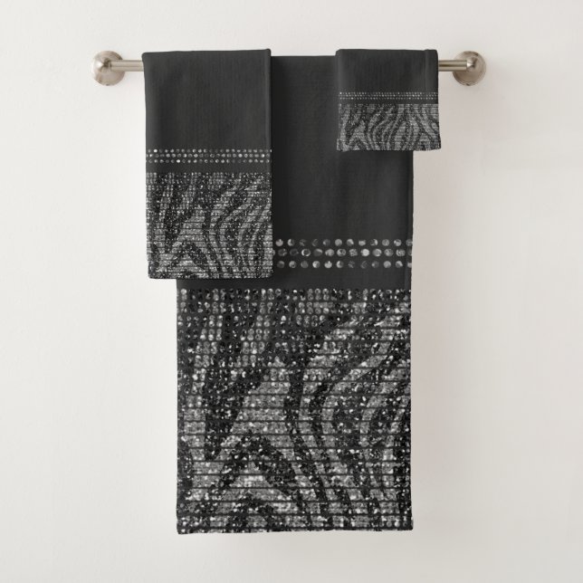 Black Silver Zebra Wild Animal Print Exotic Glam Bath Towel Set (Insitu)