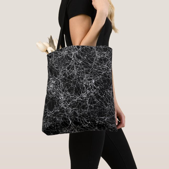 Black & Silvery Spider Webs Chic Halloween Costume Tote Bag (Close Up)