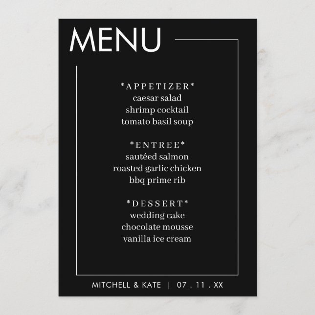Black Simple Border Wedding Reception Menu (Front)