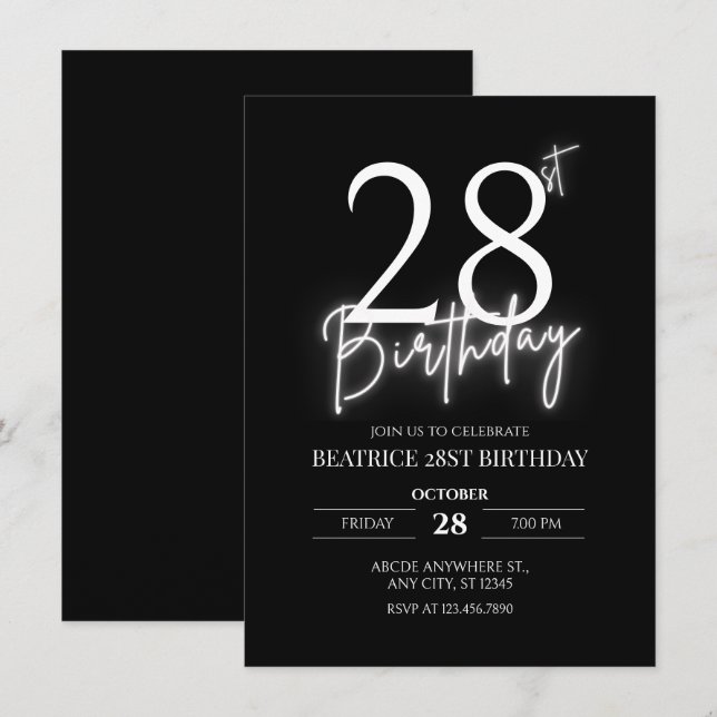 Black simple casual age personalised birthday  invitation (Front/Back)