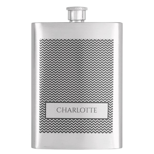 Black Simple Chevron Personalised Flask (Front)