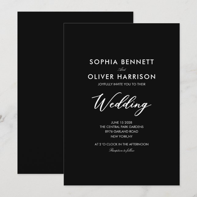 black SIMPLE CLASSIC elegant WEDDING INVITE (Front/Back)