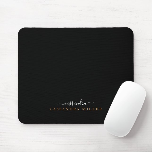 Black Simple Elegant Hand Lettered Signature Name Mouse Mat (With Mouse)