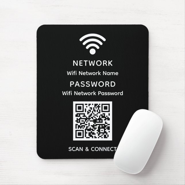 Black Simple Elegant Wifi QR Code Network Password Mouse Mat (With Mouse)