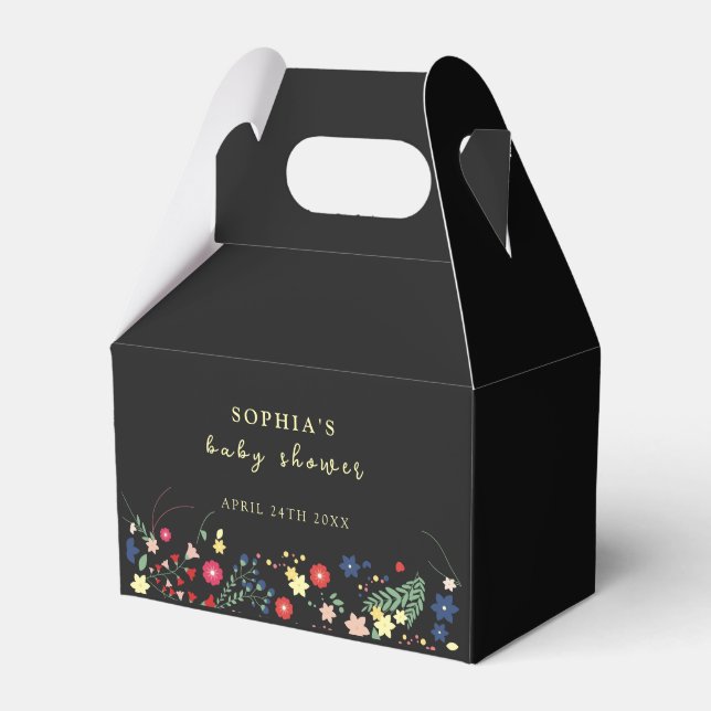 Black Simple Elegant Wildflower Baby Shower  Favour Box (Front Side)