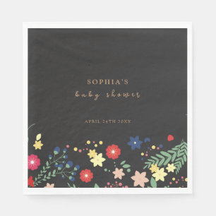 Black Simple Elegant Wildflower Baby Shower Napkin