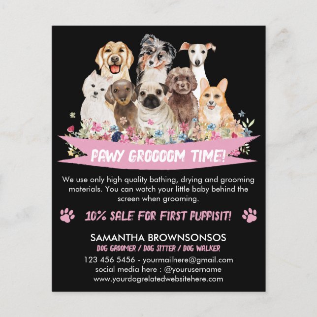 Black Simple Floral Illustrated Dog groomer Flyer (Front)