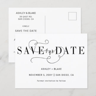 Black Simple Handwritten Calligraphy Save the Date Announcement Postcard