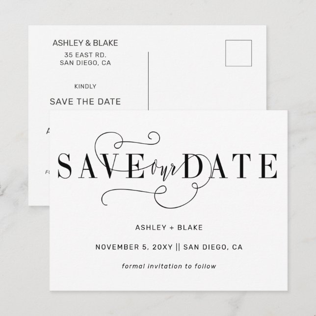 Black Simple Handwritten Calligraphy Save the Date Announcement Postcard (Front/Back)