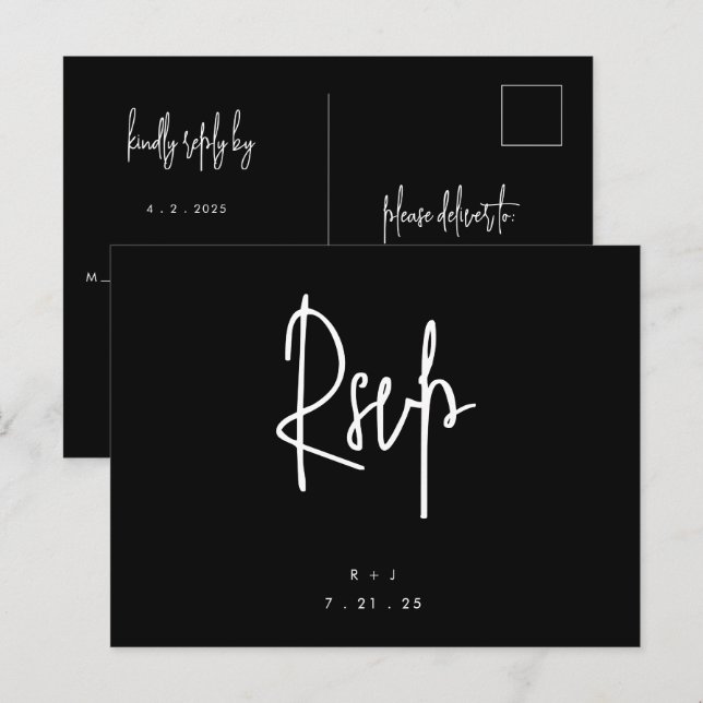 Black Simple Lettering Wedding RSVP Postcard (Front/Back)