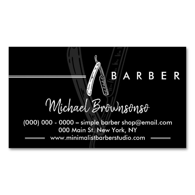 Black Simple Logo Razor Barber Magnetic Business Card (Front)