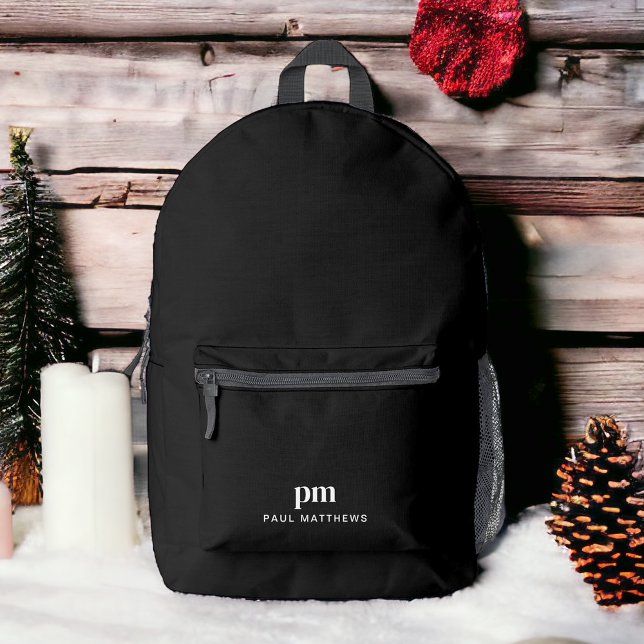 Black Simple Minimalist Monogram and Name Printed Backpack (Creator Uploaded)