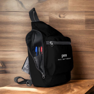 Black Simple Minimalist Name and Monogram Sling Bag