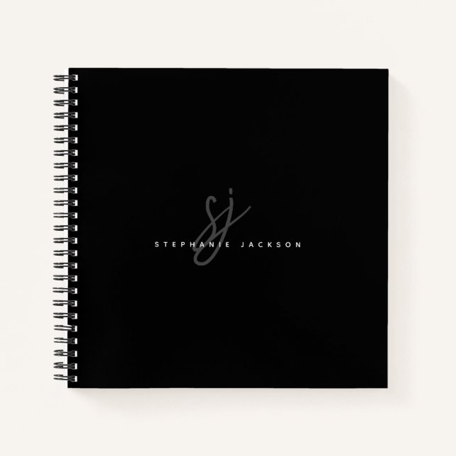 Black Simple Minimalist Script Initials Monogram Notebook (Front)