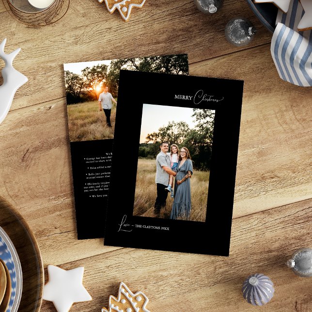 Black Simple Modern Christmas Letter and Photo Holiday Card (Creator Uploaded)