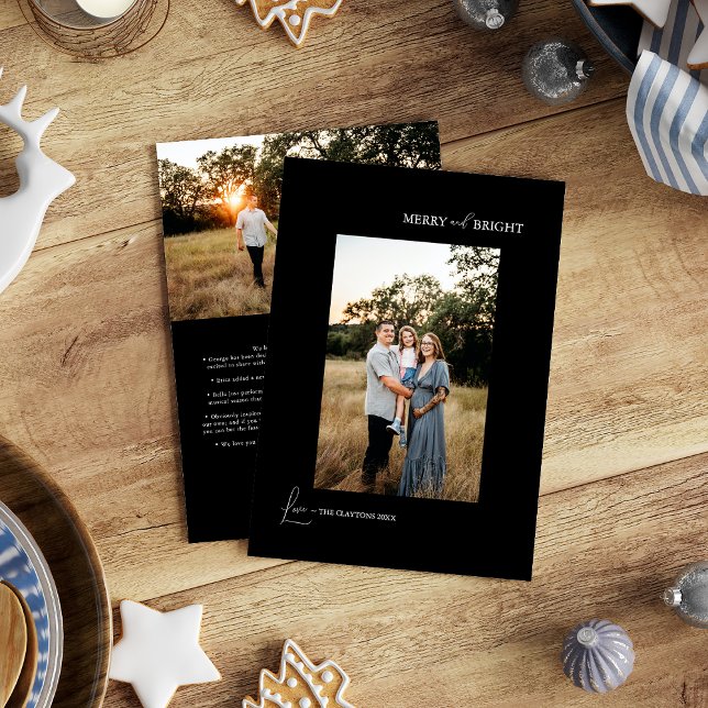 Black Simple Modern Merry and Bright Photo Holiday Card (Creator Uploaded)