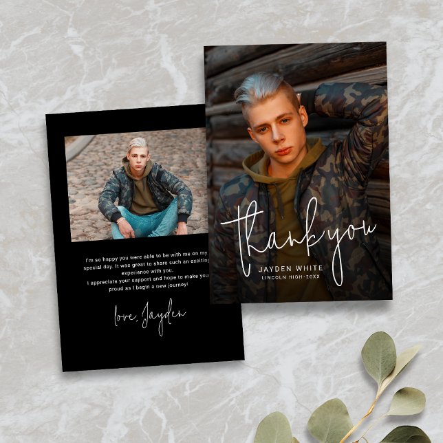 Black Simple Modern Script 2 Photo Graduation Thank You Card (Black Simple Modern Script 2 Photo Graduation Thank You Card)