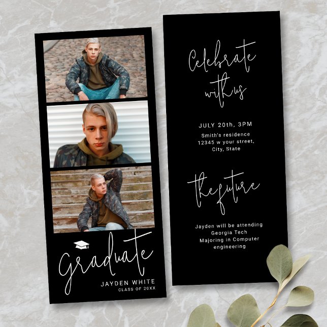 Black Simple Modern Script 3 Photo Graduation  Invitation (Black Simple Modern Script 3 Photo Graduation Invitation)