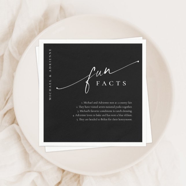 Black Simple Modern Script Fun Facts Wedding Napkin (Creator Uploaded)