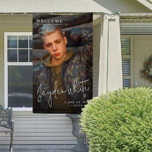 Black Simple Modern Script Photo Graduation Party Banner