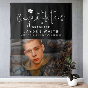 Black Simple Modern Script Photo Graduation Party Tapestry