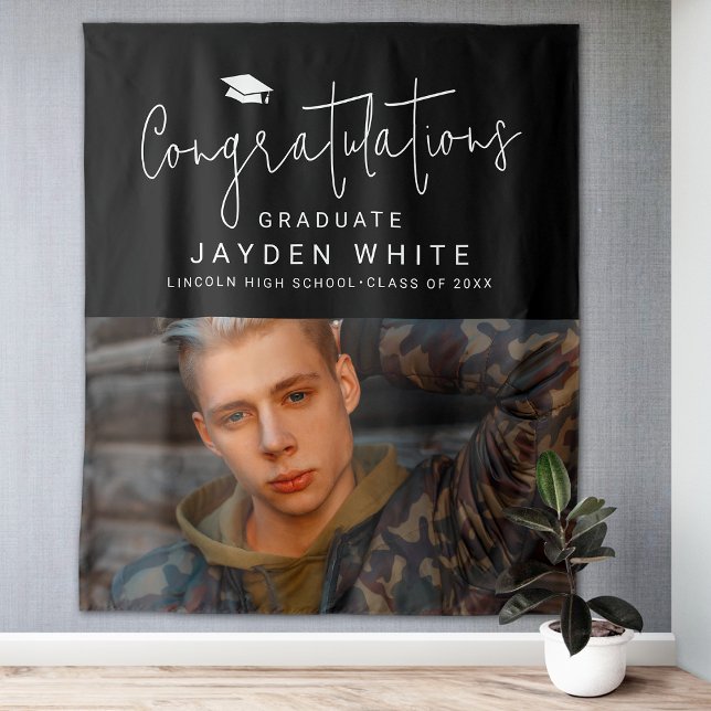 Black Simple Modern Script Photo Graduation Party Tapestry (Black Simple Modern Script Photo Graduation Party Tapestry)