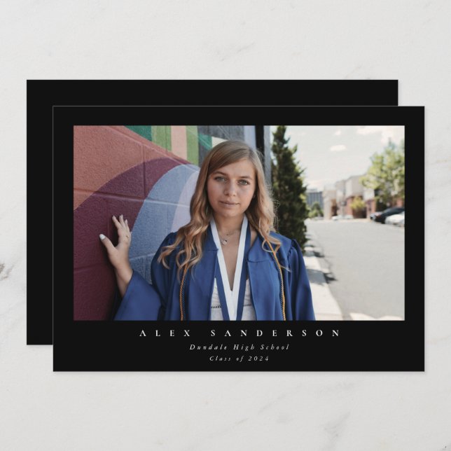 Black Simple Modern Single Photo Graduation Announcement (Front/Back)