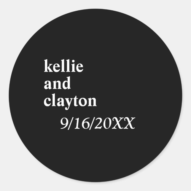 Black Simple Modern Type Wedding Classic Round Sticker (Front)