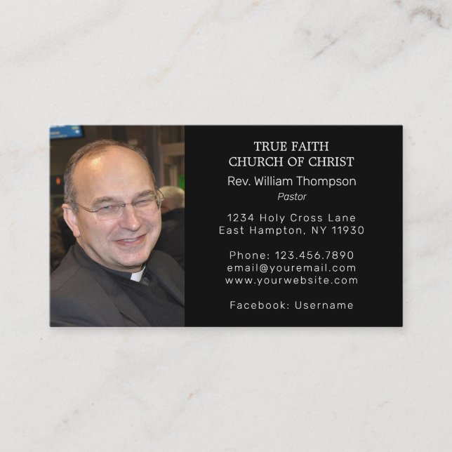 Black Simple Pastor Photo Religious Church Business Card (Front)