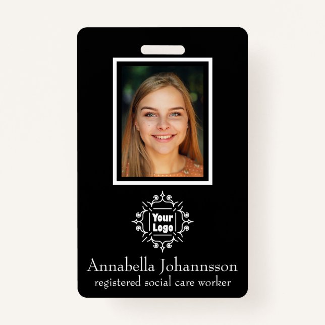 Black Simple Photo Id and Custom Logo with Name ID Badge (Front)